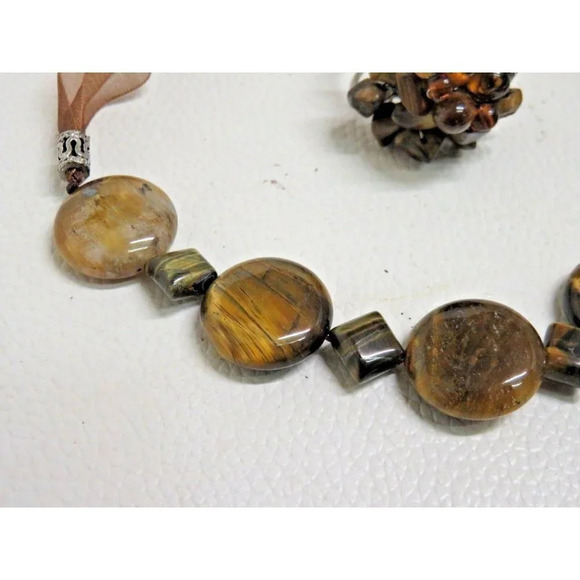 Tiger's Eye Necklace & Ring Set Striped Stone Beaded  Adjustable Ribbon - Picture 2 of 10